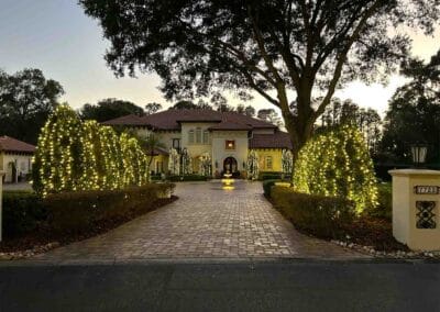 A large house with a tiled roof is illuminated at dusk. Trees and bushes along the driveway feature a professional Christmas light installation, with warm white string lights creating a festive atmosphere.